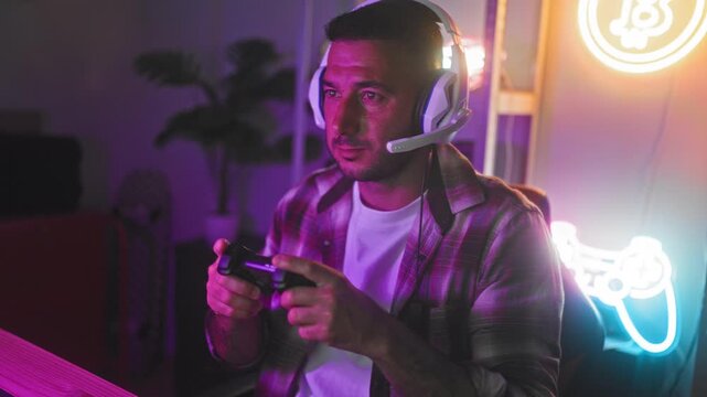 Man with headset holds game controller, fingers on buttons, focused gaze in a studio lit by neon signs; competitive concentration.