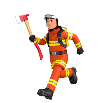 3D Render Firefighter Man Character running with axe