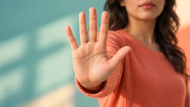Woman in coral knit sweater holding up open palm in stop gesture, hand in focus, refusal and boundaries concept with copy space