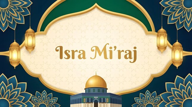Ornate white oval frame with navy blue floral arabesque patterns, golden dome mosque, hanging lanterns, and central Isra Miraj text with copy space.