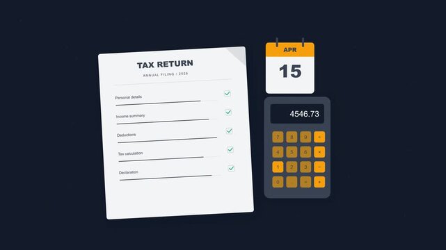 Tax season tax return form with checklist, calculator and April 15 calendar stamped filed on dark background
