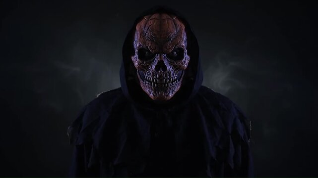 Ominous person wearing skull mask and dark cloak in smoky atmosphere