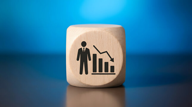 A large wooden die with rounded corners resting on a reflective surface features a black icon showing a businessman silhouette beside a declining bar chart with a downward-pointing arrow representing