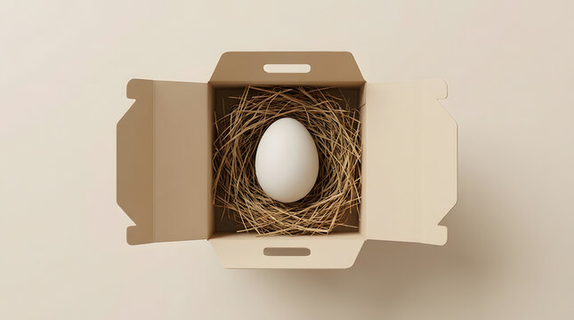 A single smooth white egg resting in a nest of dry straw inside an open cardboard box viewed from a direct top-down perspective on a neutral beige background in a clean minimalist 3D rendering style
