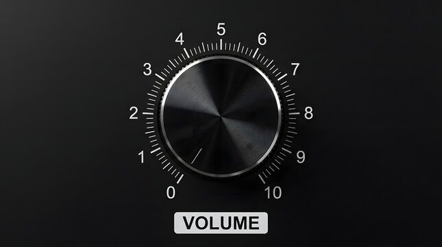 Glossy metallic black volume control knob featuring a radial brushed texture, surrounded by a circular white dial scale numbered zero through ten with tick marks, above a centered rectangular label