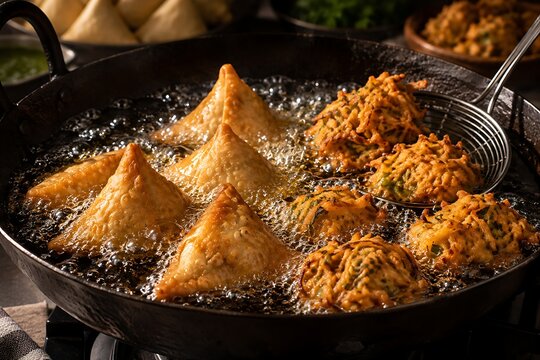 Samosas and pakoras frying in bubbling hot oil inside a large dark wok during traditional Indian street food preparation with warm ambient kitchen lighting