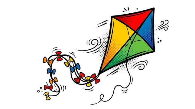 Colorful kite flying with decorative tail against white background