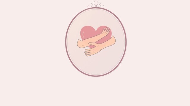 Love yourself first handwritten quote under oval mirror with hands hugging a pink heart and falling petals