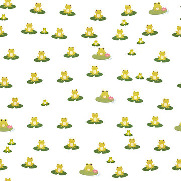 Cute cartoon frogs on lily pads seamless pattern