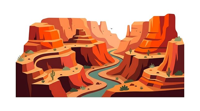Winding river through eroded rock formations illustration