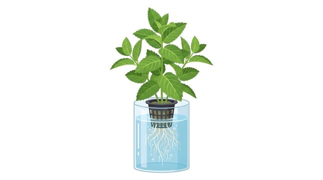 A green mint plant growing in a clear water container using a hydroponic system