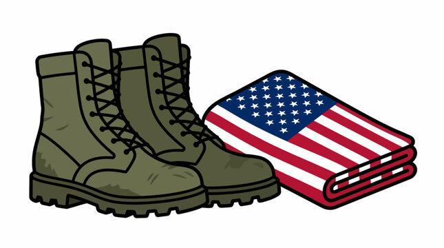 Military Boots and Folded American Flag Illustration on White Background