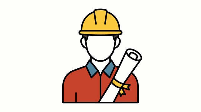 Engineer Illustration with Yellow Hard Hat and Blueprint Plan