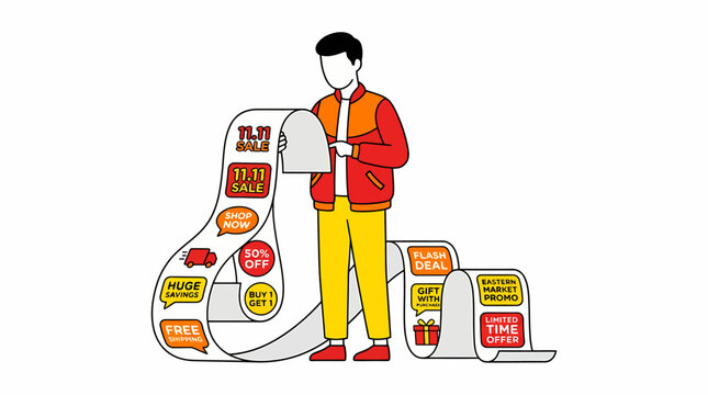 Man Holding Long Receipt with 11.11 Sale and Discount Promotions Illustration