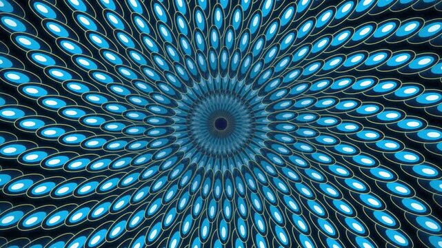 Seamless hypnotic blue spirograph kaleidoscope rotation forming a psychedelic optical illusion tunnel with glowing geometric oval rings for music concert backdrops motion graphics and vj loops