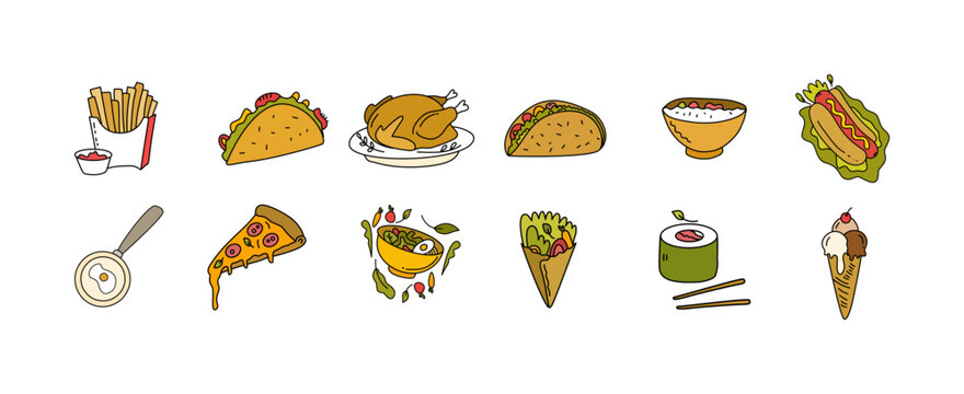 horizontal banner of colorful doodle fast food icons