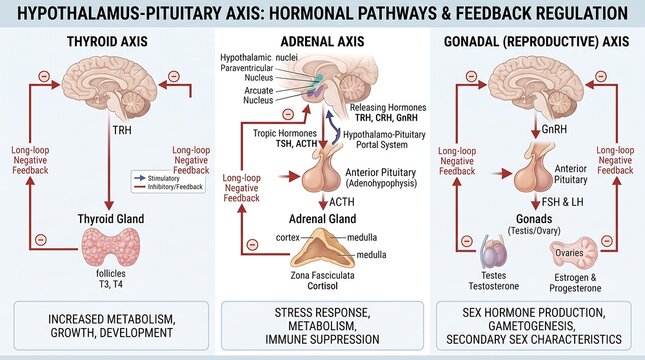 Hypothalamus-Pituitary Axis Hormonal Pathways and Feedback Regulation Infographic Showing Thyroid, Adrenal, and Gonadal Systems for Medical Education