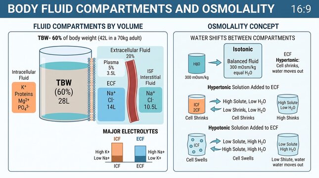 Body Fluid Compartments and Osmolality Infographic Showing Intracellular and Extracellular Fluid Distribution and Water Movement Principles