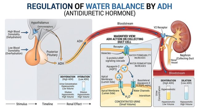 Antidiuretic Hormone Regulation of Water Balance Infographic Showing Nephron Function and Aquaporin Signaling Pathways in Human Physiology