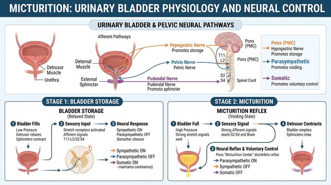 Urinary Bladder Micturition Physiology and Neural Control Infographic Showing Bladder Storage and Reflex Voiding Pathways