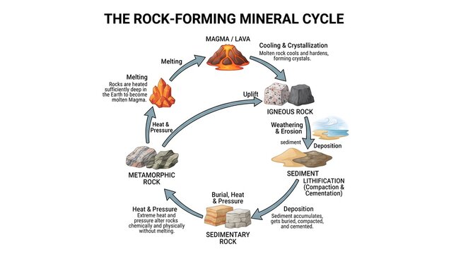 Rock cycle diagram illustrating geological processes of magma, igneous, sedimentary, and metamorphic rock formation on white background
