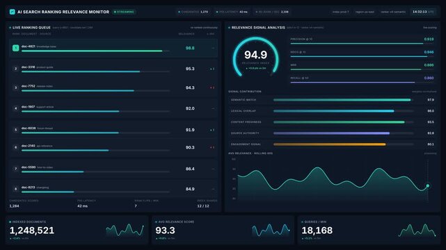 Analyst reviewing ai search ranking relevance monitor dashboard with live scores charts, for algorithm accuracy, analytics, optimization, 4k performance
