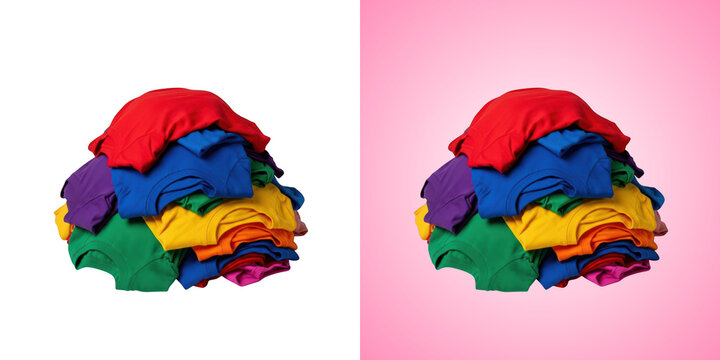Stack of colorful folded cotton shirts isolated on transparent background