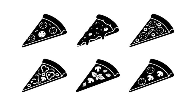 Pizza slices silhouettes set with pepperoni, mushrooms and vegetables for food and restaurant logos