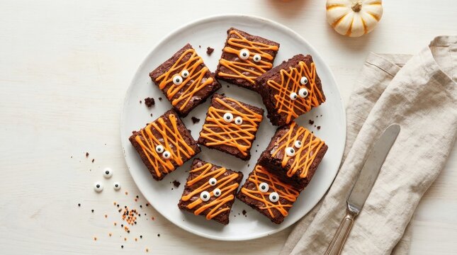 Halloween Brownies Orange Icing Candy Eyes White Plate Overhead

