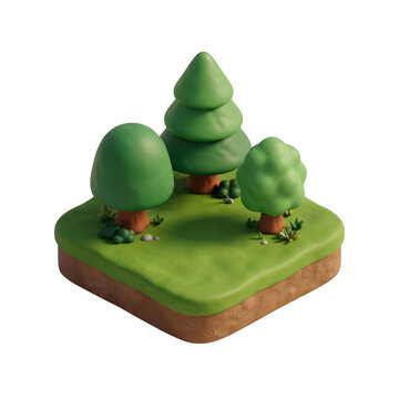 Isometric forest landscape with green trees on a small grassy terrain patch for game design projects