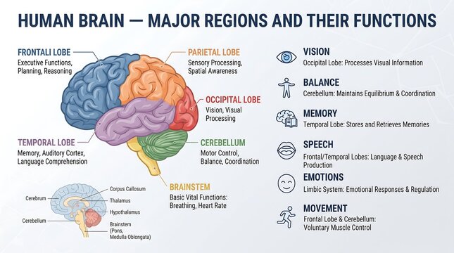Human brain anatomy infographic showing major lobes, functions, and regions in a clear educational diagram