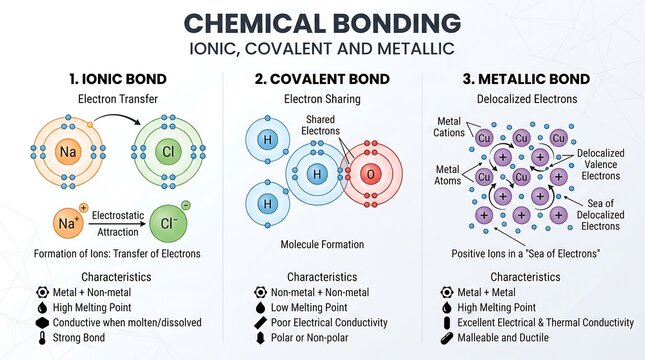 Chemical Bonding Infographic Showing Ionic Covalent and Metallic Bond Structures with Electron Transfer and Sharing Mechanisms