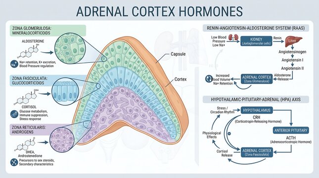 Adrenal Cortex Hormones Infographic Showing Zona Glomerulosa, Fasciculata, and Reticularis with RAAS and HPA Axis Pathways