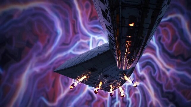 spaceplane wing cutting electric plasma storm, underside view of aircraft wing and glowing thrusters with purple lightning swirls, intense turbulence and industrial heat, cinematic night testflight