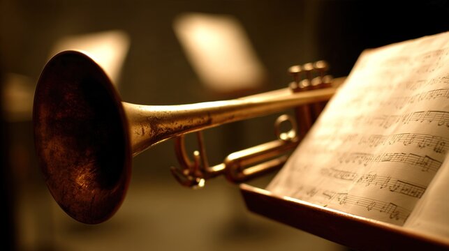 trumpet. A worn brass trumpet on a wooden music stand with sheet music behind. event programs, museum guides, designed for cultural heritage projects and event programs, preserves heritage.