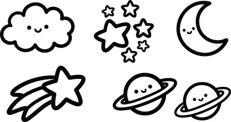 Cute celestial icon set featuring smiling cloud crescent moon planets and shooting star doodles © Hasan