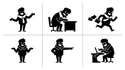 Fototapeta premium Office worker silhouettes set with figures working, running, pointing and sitting at desk for business concepts