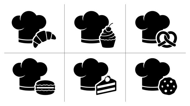Chef hat silhouettes set with croissant, cupcake, pretzel, macaron, cake slice and cookie for food logos
