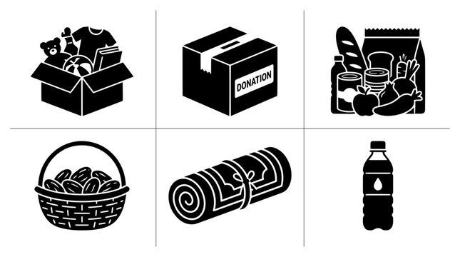 Donation icons set with box, food, and water bottle for charity and aid