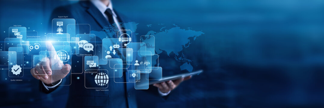 Support agent using futuristic digital network interface with global Customer Service communication channels. Managing client queries and real time support tickets. High quality user support.