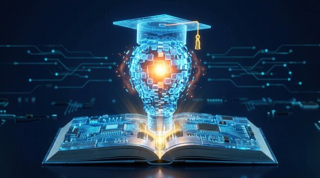 Digital knowledge concept featuring a lightbulb wearing a mortarboard above a futuristic electronic book.
