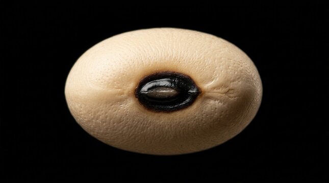 Close-up of one black eyed bean with a clipping path against a black background.