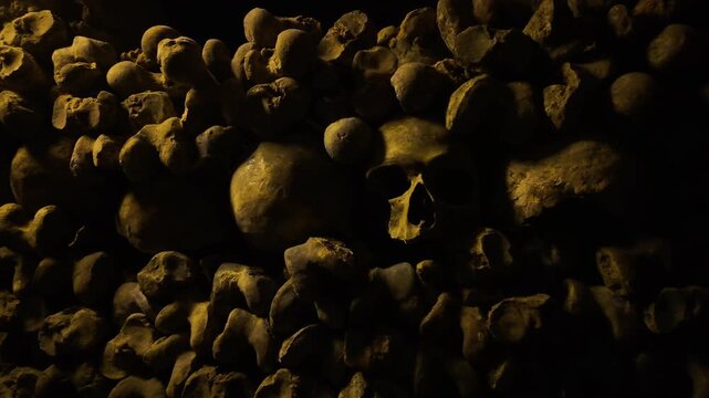 A handheld close-up of a human skull and stacked bones in the ancient Paris Catacombs.