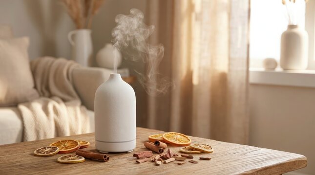 Ceramic aroma diffuser emitting steam with dried orange slices and