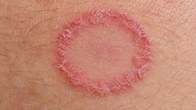 Macro close-up of a spreading circular red ring rash on human skin, representing a ringworm fungal infection, tinea corporis dermatophyte condition, and irritated allergic eczema.