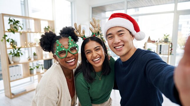 Diverse colleagues smiling and taking a selfie at a christmas office party