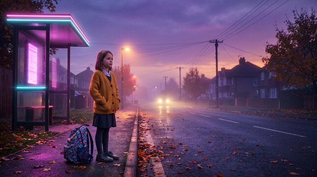 A schoolgirl waits beside a neon-lit bus shelter on a misty autumn street at dusk