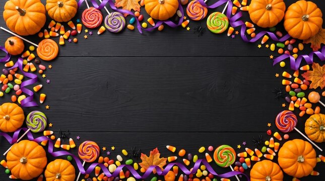 Pumpkins candy corn and autumn leaves create a festive halloween arrangement on a dark surface