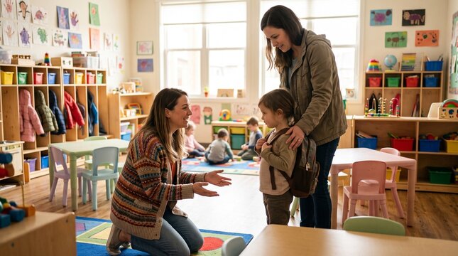 Teacher kneels to warmly welcome a shy child arriving at a bright, cheerful kindergarten classroom