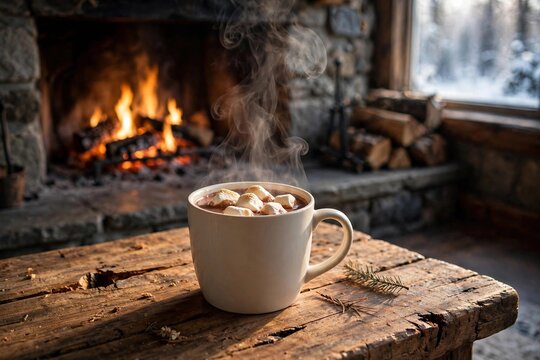 Steaming hot chocolate with marshmallows beside fireplace cozy winter treat